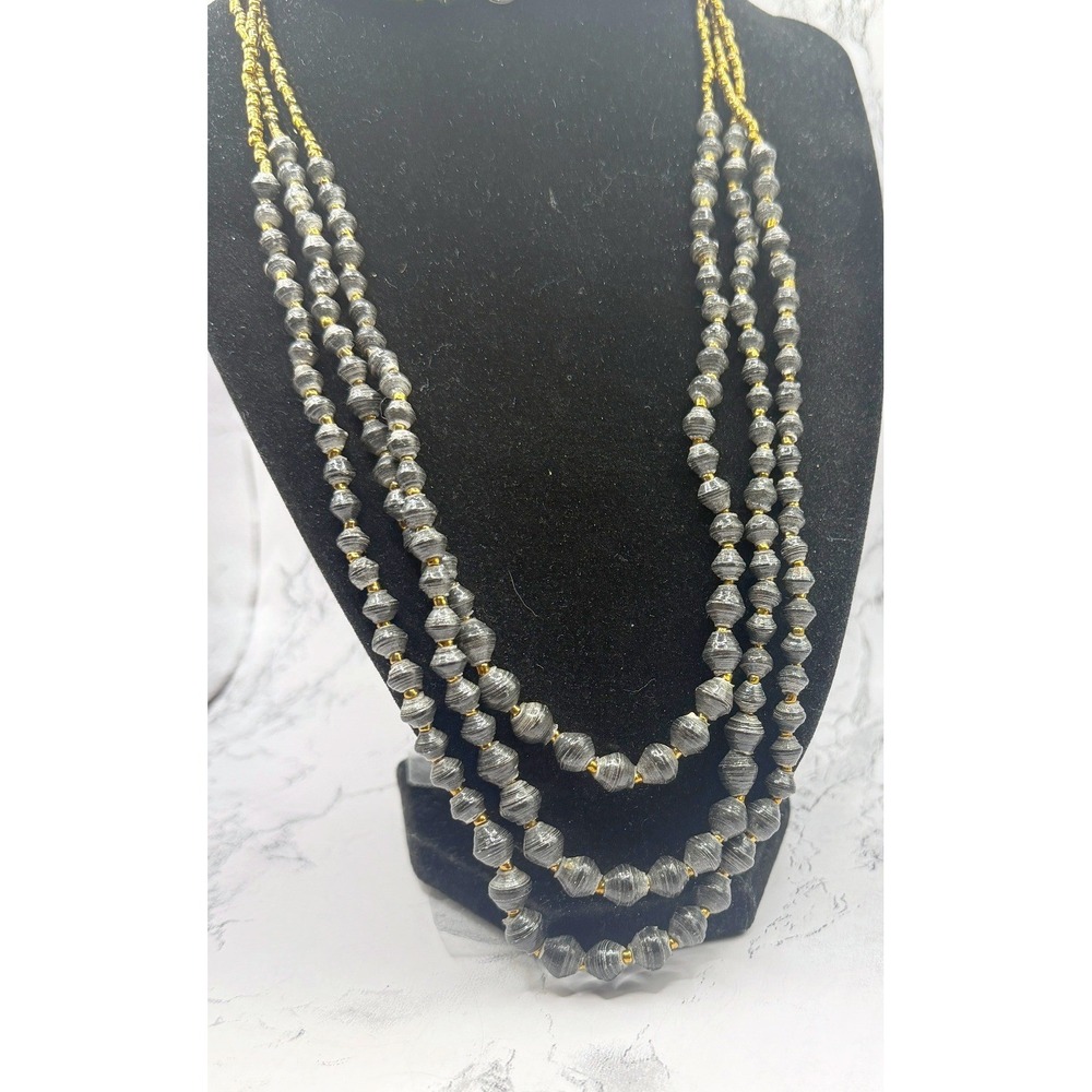 Teng Yue Multi‎ Strand Paper Bead Necklace Gold Gray 32-35"